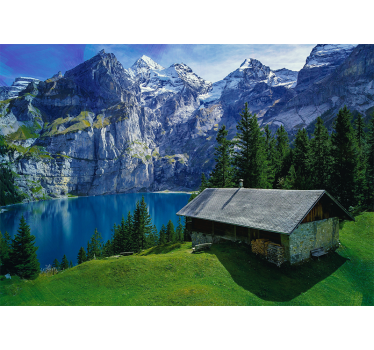 Living room blind cabin by the lake and mountains - TenStickers