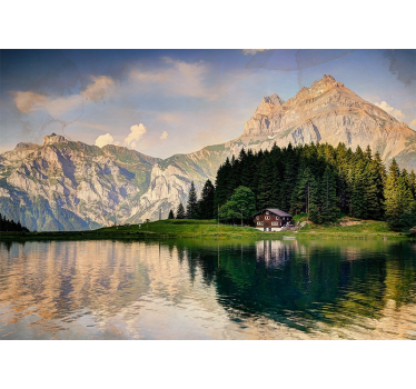 Living room blind house by the lake with mountains - TenStickers