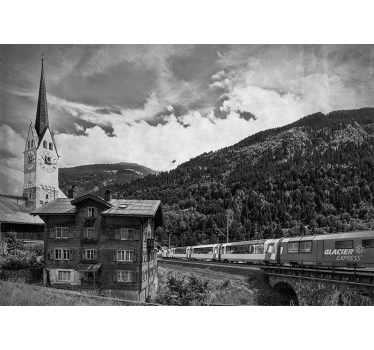 Living room blind train crossing a quaint forest town - TenStickers