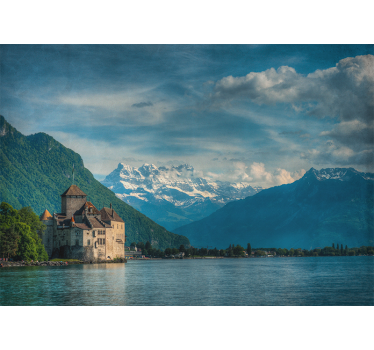 Living room blind castle by the lake with mountains - TenStickers