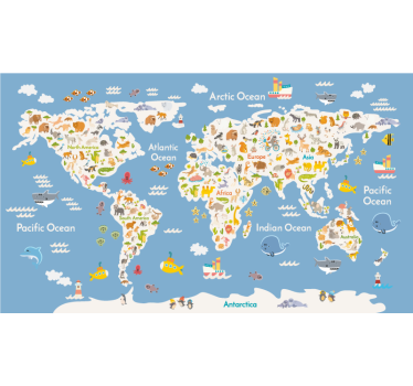 White fauna for kids World map blind - TenStickers