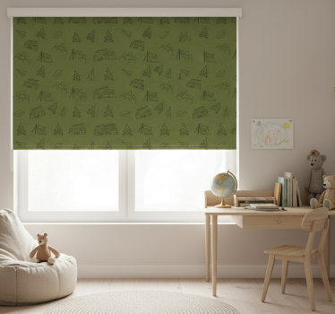 Children's blind featuring camping mountain designs in green - TenStickers