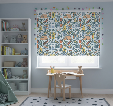 Childrens blind with hand-drawn mountains and camping gear - TenStickers