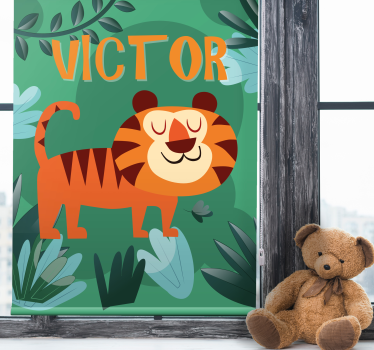 Happy tiger with name childrens blind - TenStickers