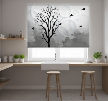 Kitchen blind featuring artistic black tree and birds - TenStickers