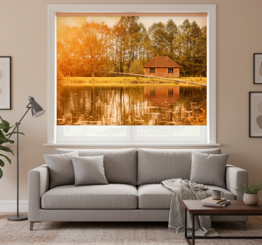 Living room blind brown houses by the lake with mountains - TenStickers
