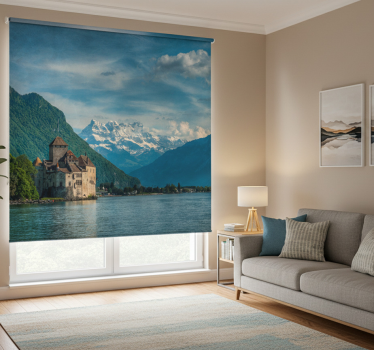 Living room blind castle by the lake with mountains - TenStickers