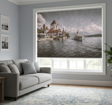 Living room blind classic lakeside house with boat - TenStickers