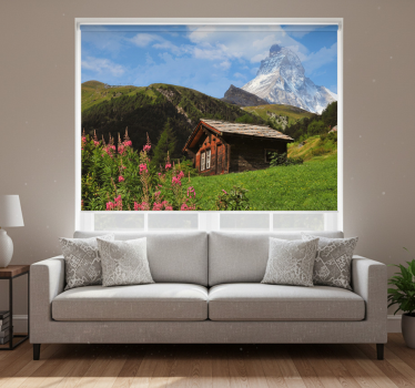 Living room blind green field with shed and mountain - TenStickers