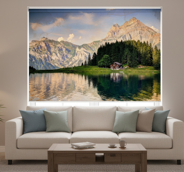 Living room blind house by the lake with mountains - TenStickers
