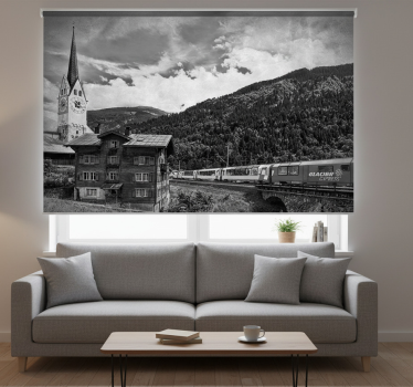 Living room blind train crossing a quaint forest town - TenStickers