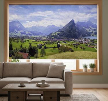Living room blind with houses and mountains view - TenStickers