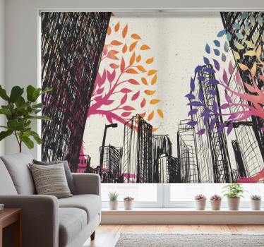 Living room blind with seasonal trees and skyscrapers - TenStickers