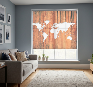 Living room blind with white world map on wood - TenStickers