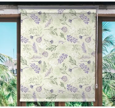 Purple flowers on green background roller blind - TenStickers