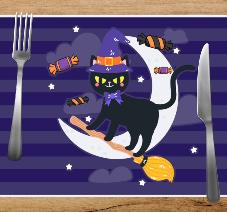 Halloween placemat witchy cat on a broom - TenStickers