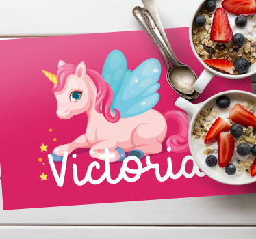 Funny pink happy unicorn Personalised table mats - TenStickers
