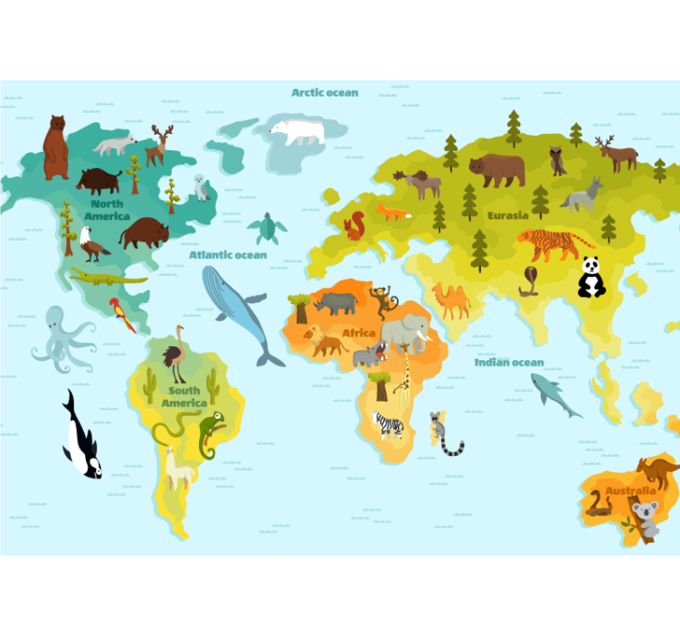 World map mural animal global adventure - TenStickers