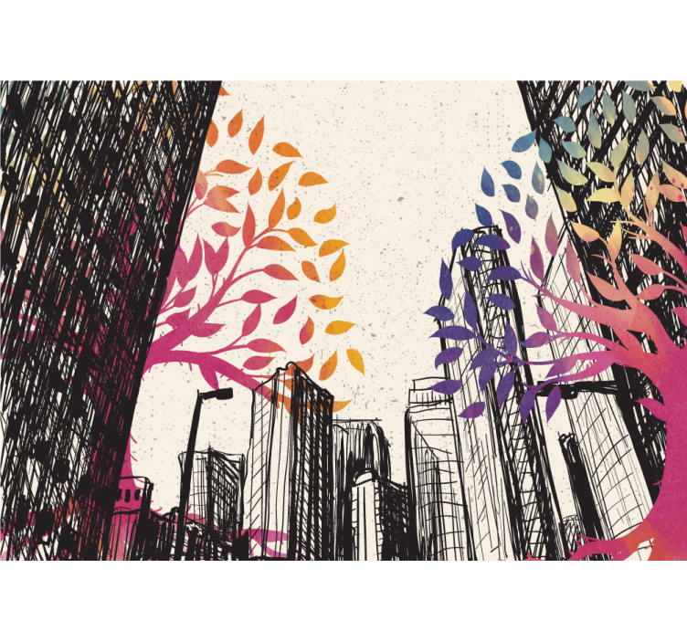 City wall mural urban skyline with colorful trees - TenStickers