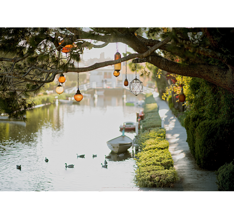 Landscape mural secluded waterway lanterns - TenStickers