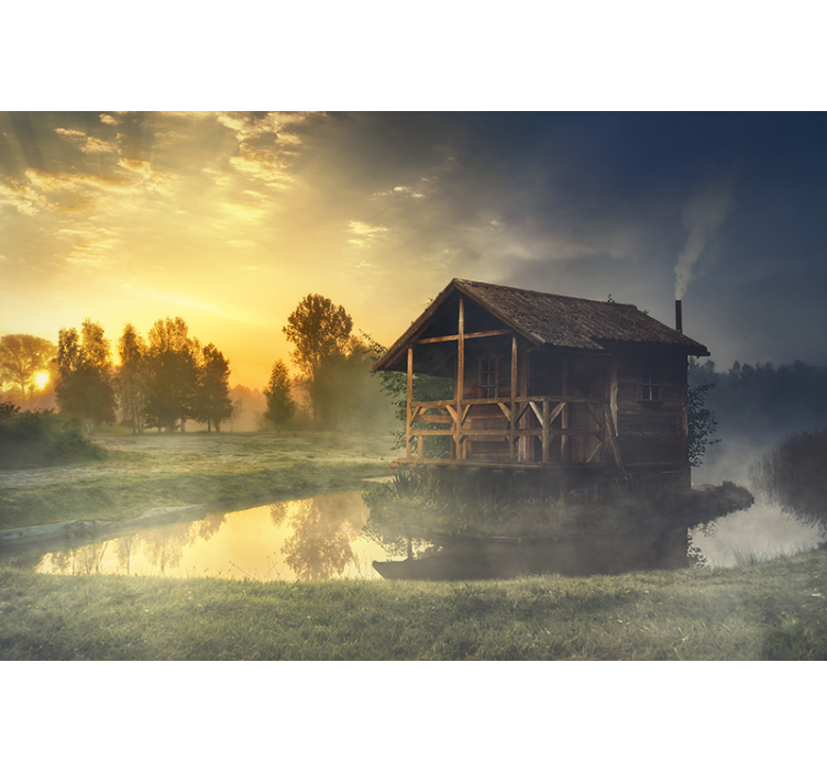 Landscape mural serene cabin sunset - TenStickers