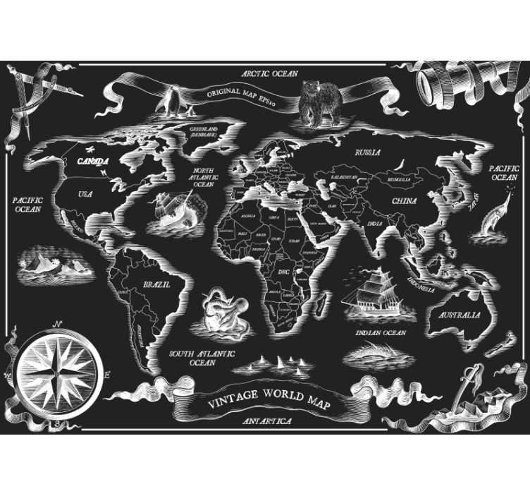 World map mural vintage map sketch - TenStickers
