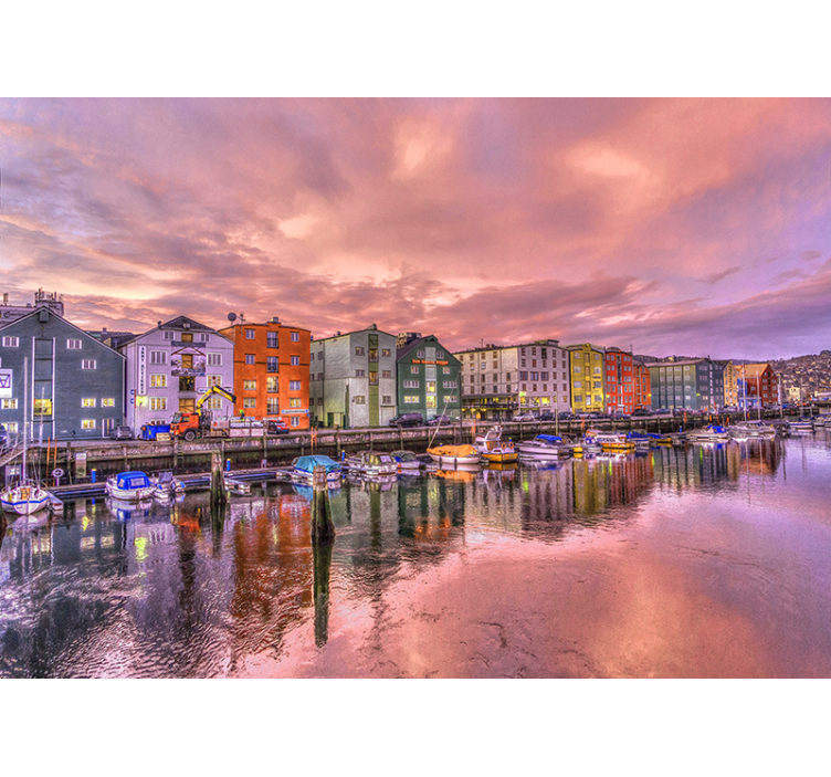 City wall mural colorful waterfront buildings - TenStickers