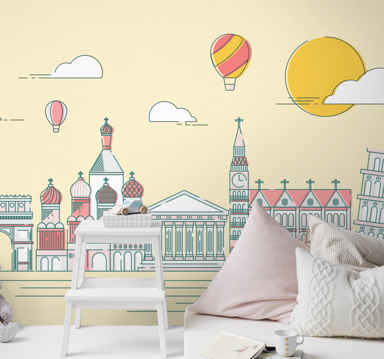 City wall mural famous landmarks skyline - TenStickers