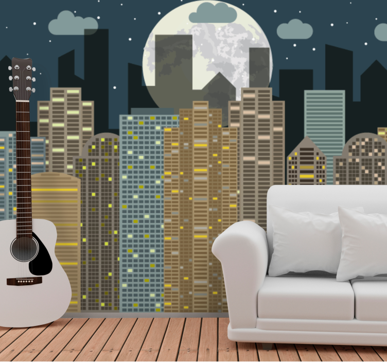 City wall mural urban horizon at night - TenStickers