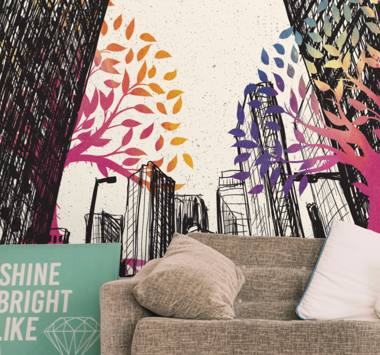 City wall mural urban skyline with colorful trees - TenStickers