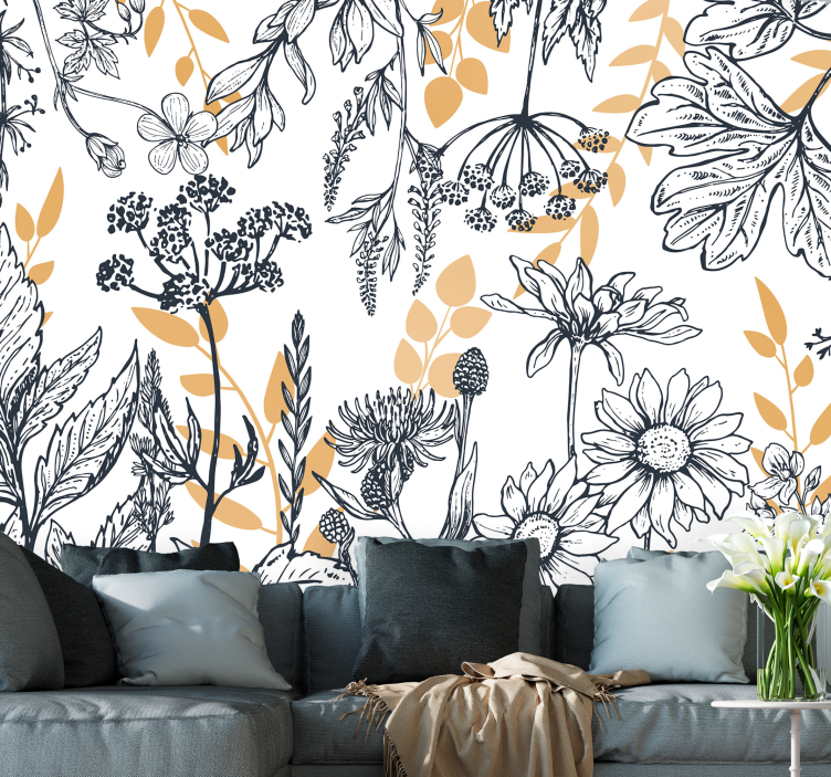Flower mural botanical outline design - TenStickers