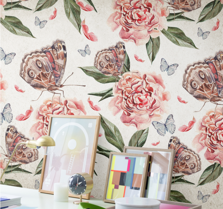 Flower mural butterflies and peonies design - TenStickers