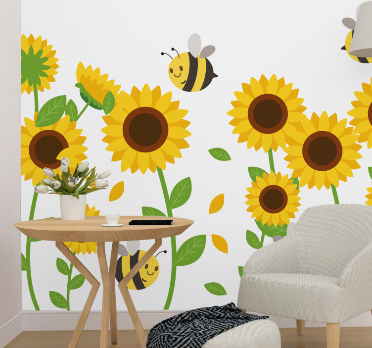 Flower mural cheerful sunflowers buzzing bees - TenStickers