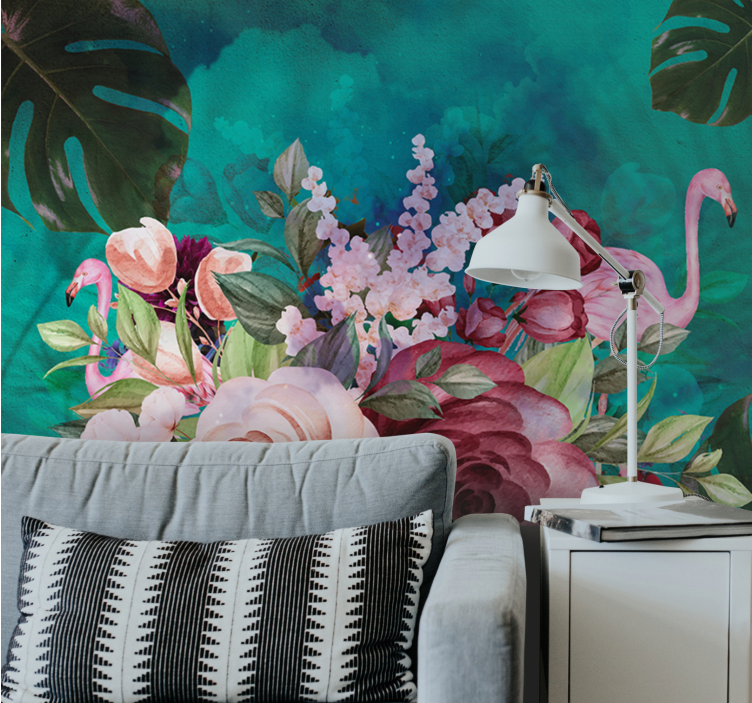 Flower mural flamingo floral arrangement - TenStickers