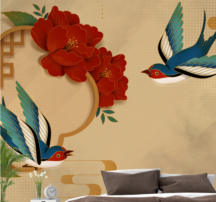 Flower mural swallow and blossoms - TenStickers