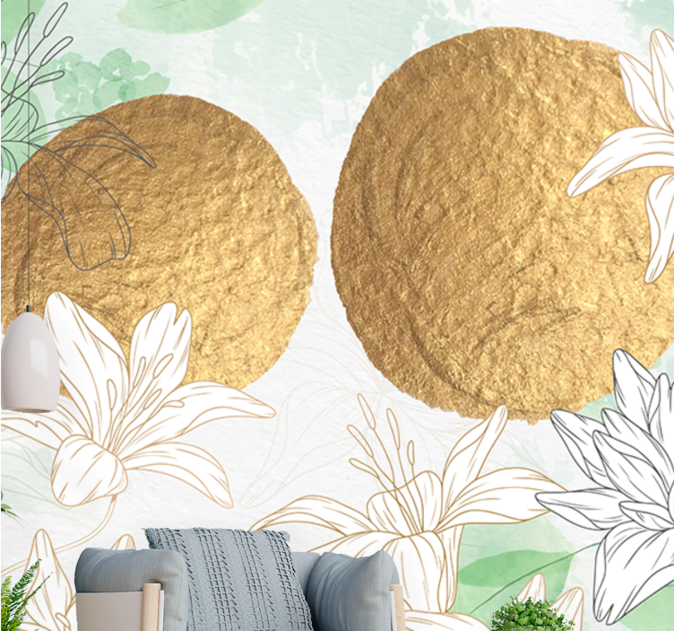 Flower mural with golden floral highlights - TenStickers