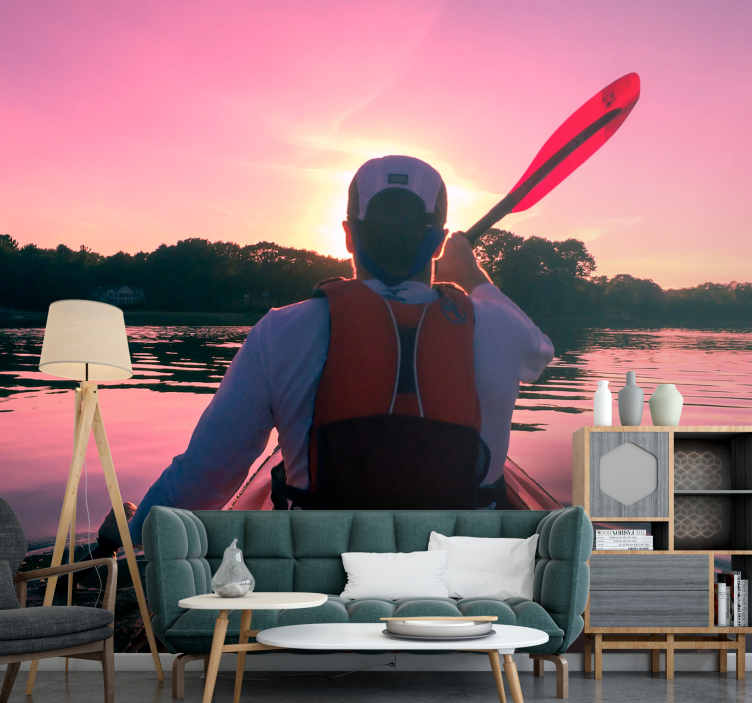 Landscape mural kayaker sunset reflection - TenStickers