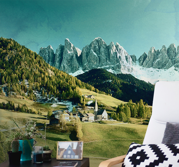Landscape mural mountain village scene - TenStickers