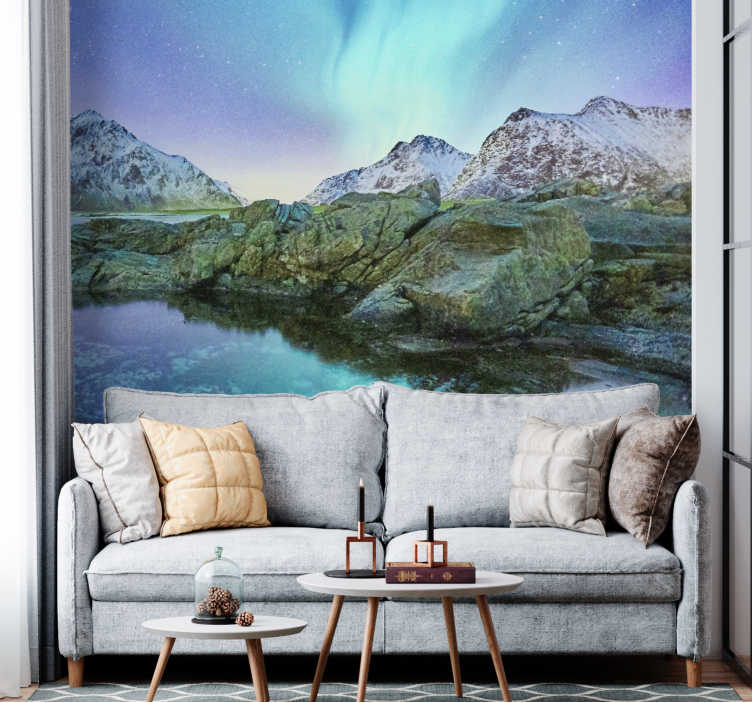 Landscape mural northern lights reflection - TenStickers