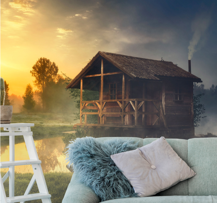 Landscape mural serene cabin sunset - TenStickers