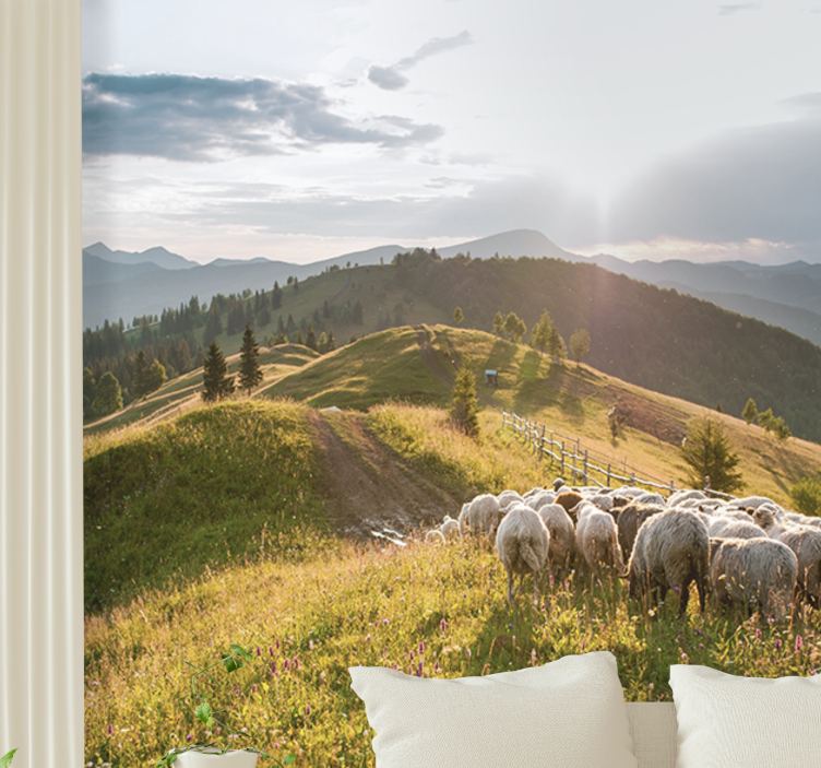 Landscape mural sheep on hillside - TenStickers