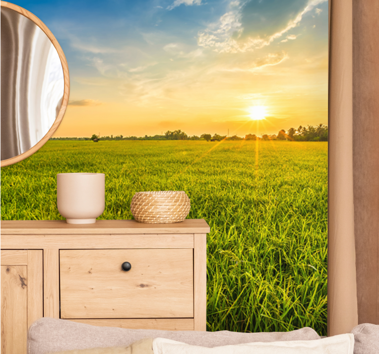 Landscape mural sunset over green fields - TenStickers