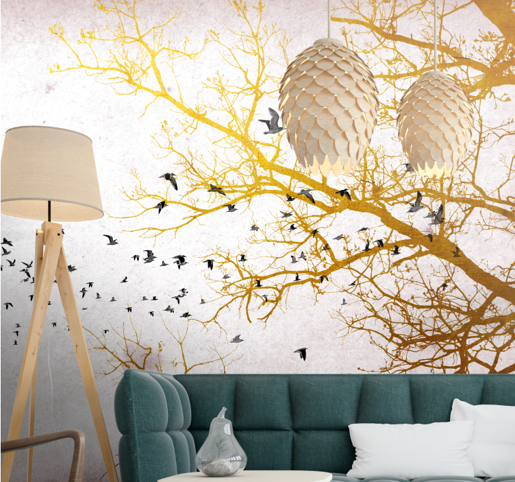 Nature wall mural golden branches and birds - TenStickers