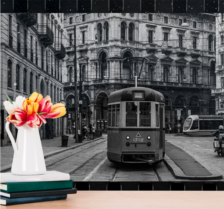 Tram on road landscape living room wall mural - TenStickers