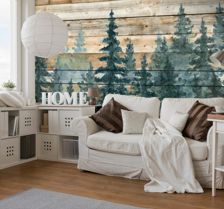 Watercolor trees living room wall mural - TenStickers