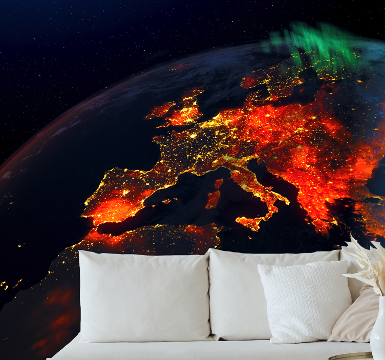 World map mural glowing european night sky - TenStickers