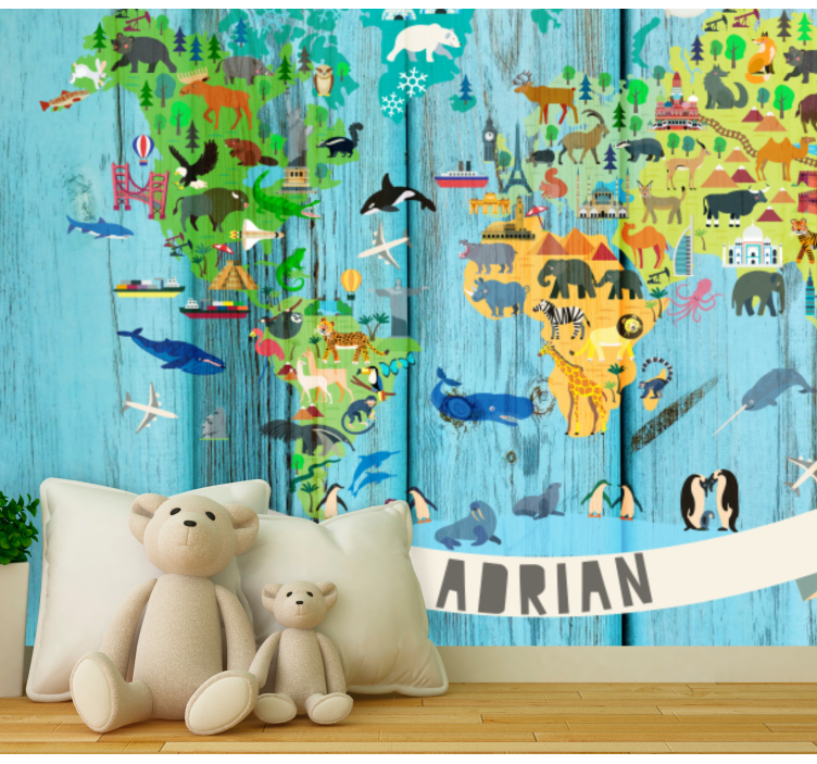 World map mural interactive animal map - TenStickers