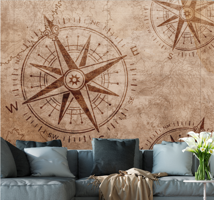 World map mural nautical star compass design - TenStickers