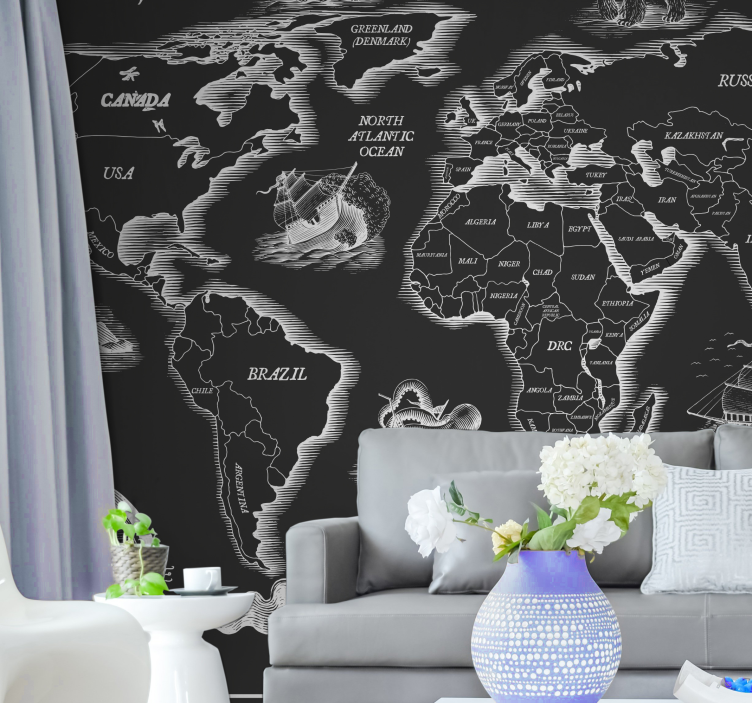 World map mural vintage map sketch - TenStickers