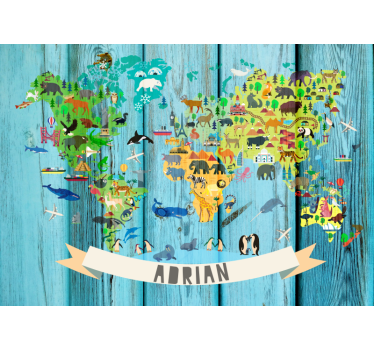 World map mural interactive animal map - TenStickers